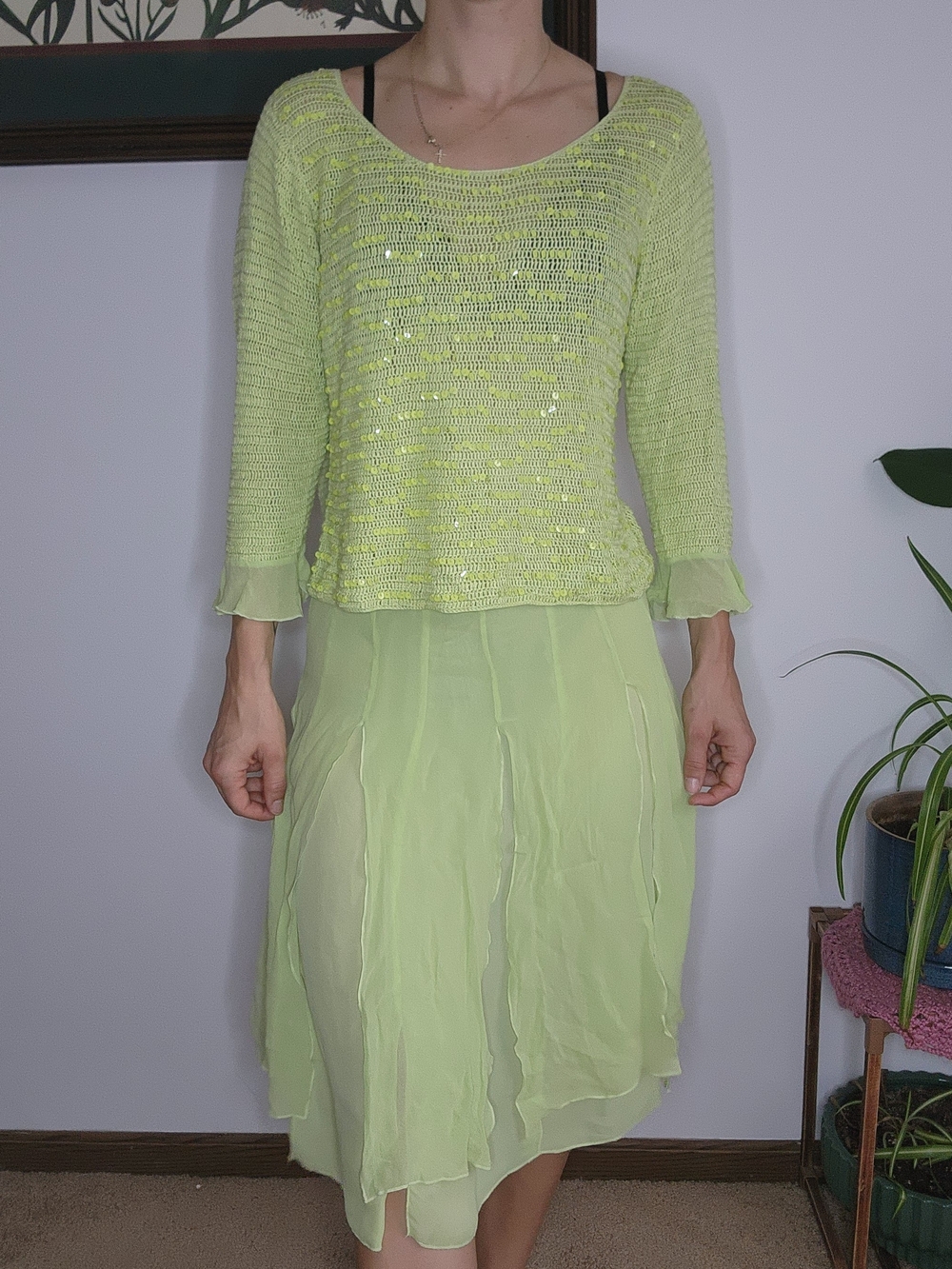 Bob Mackie Lime Green Sequined Knit Scoop Neck Sweater Size 12